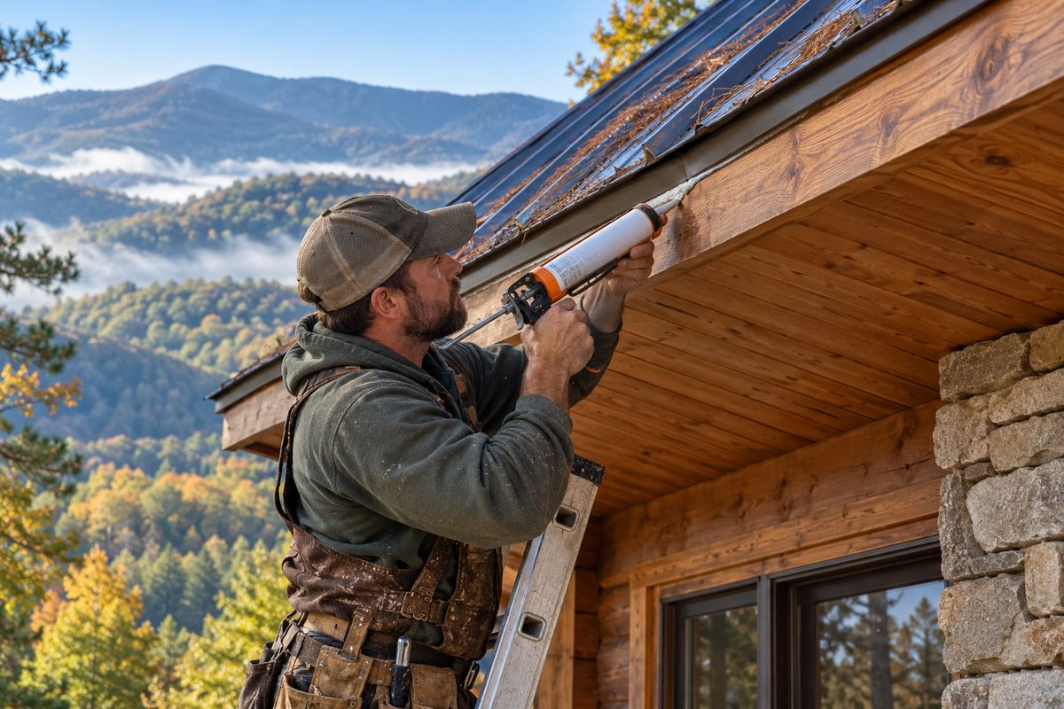 Exterior weatherstripping and eave sealing on mountain cabin roofline