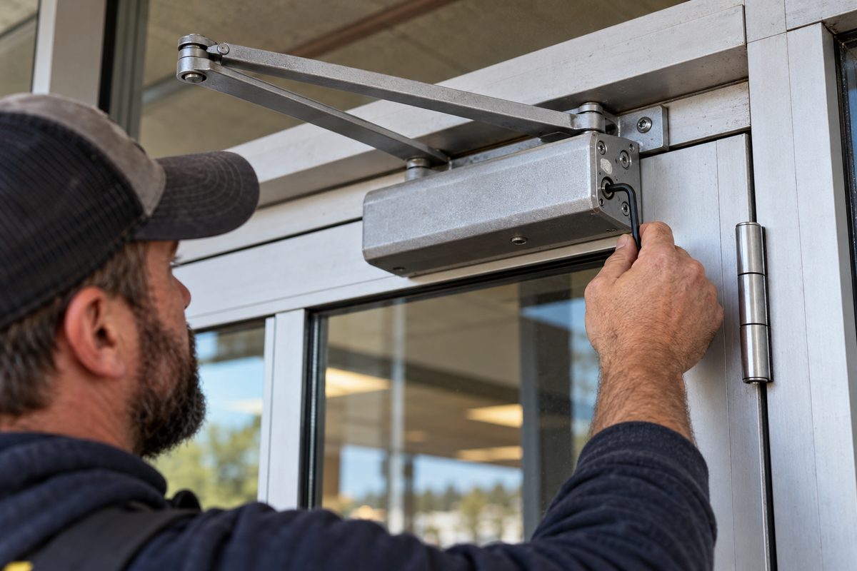 Adjusting hydraulic sweep valves on a commercial overhead door closer