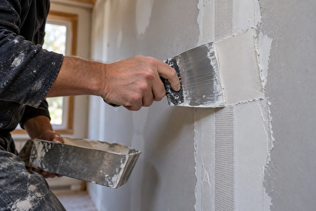 Handyman smoothing drywall joint compound over repaired wall patch