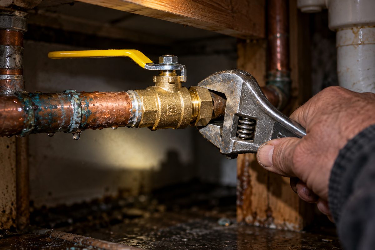Quarter-turn brass shutoff valve installation on residential plumbing pipe