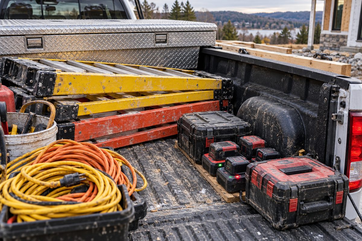 Hundley service truck bed outfitted with ladders, toolboxes, and equipment