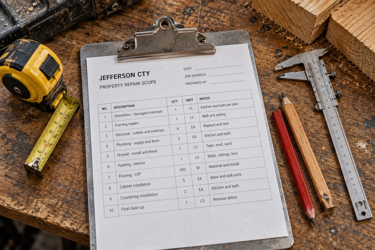 Tradesman dispatch intake clipboard with repair punch list and measuring tools on shop bench